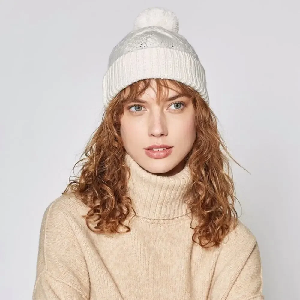 JOIE Pom Pom Cable Knit Beanie Hat